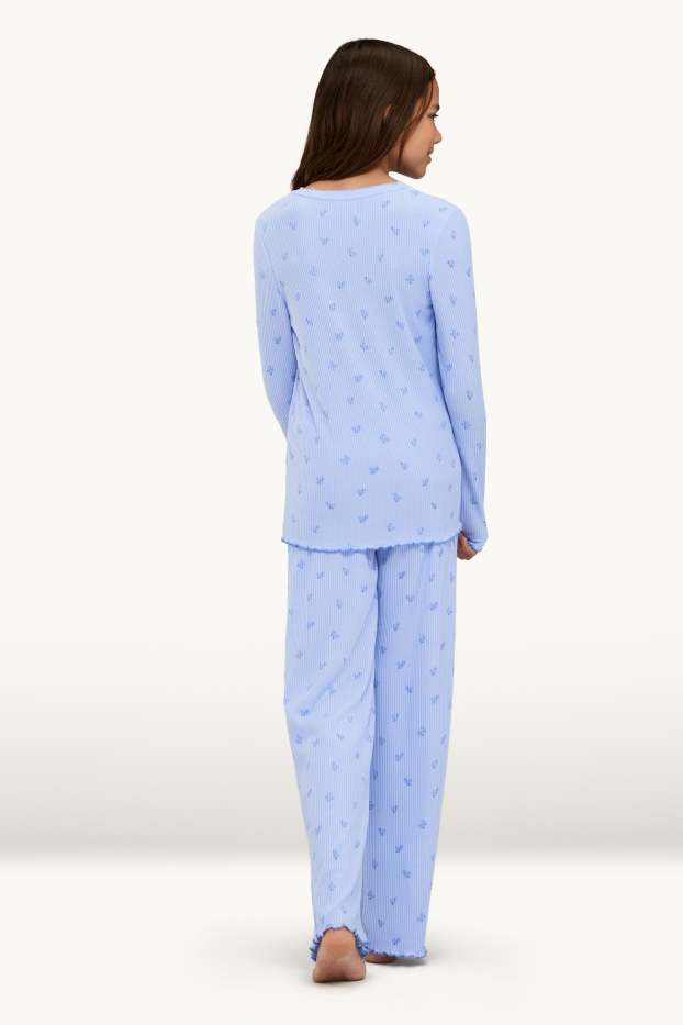Copii - Fete - Floare - pijama - reiat - 2 piese - albastru deschis