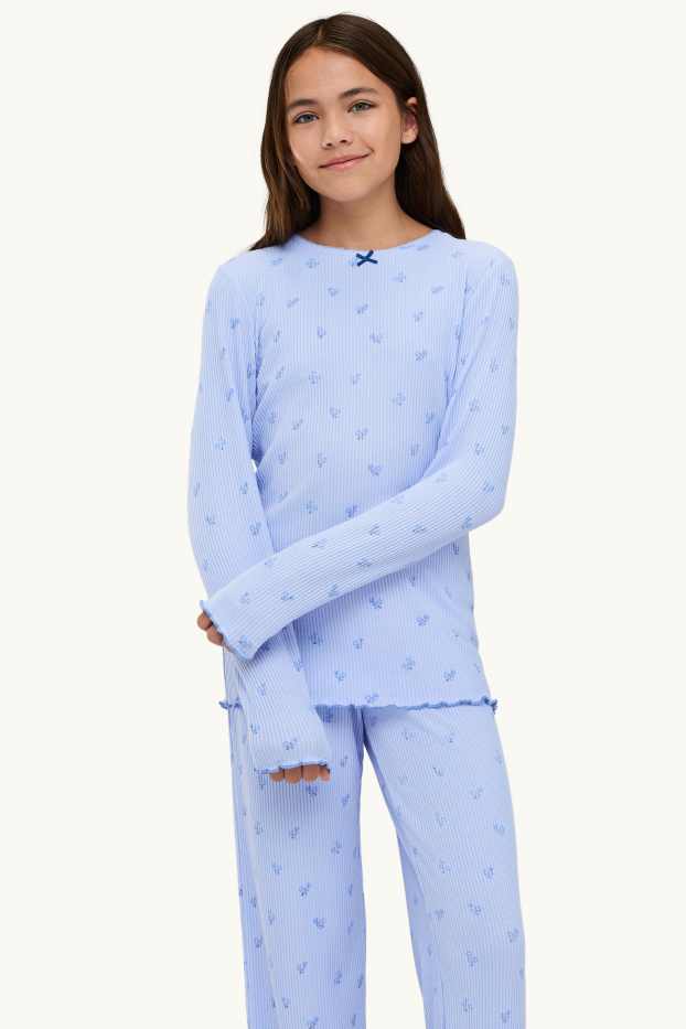 Copii - Fete - Floare - pijama - reiat - 2 piese - albastru deschis