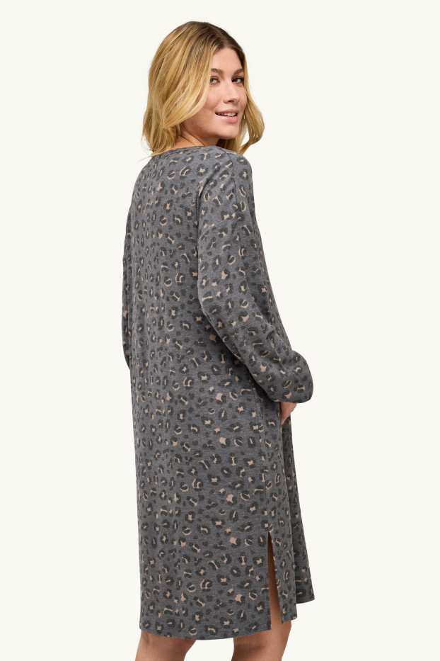 Damen - Still-Nachthemd - Leo-Print - grau / beige