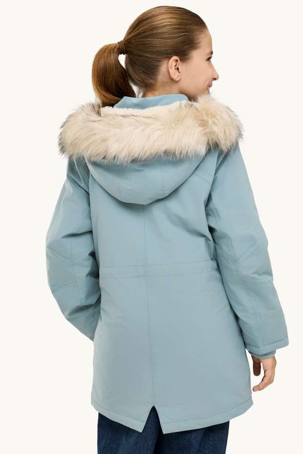 Kinder Mädchen - Regenjacke mit Kapuze und Kunstfellkragen - wasserdicht - hellblau