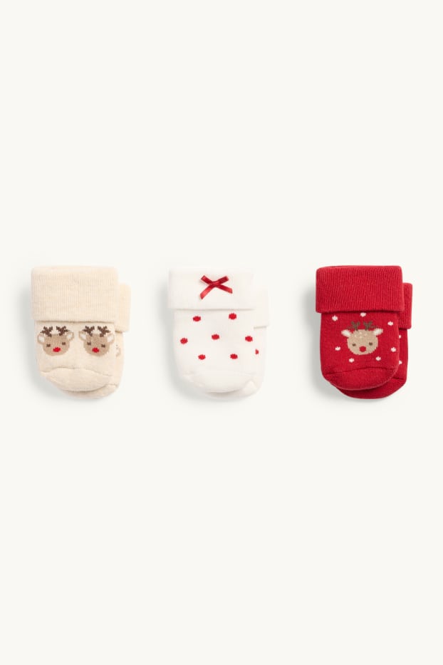 Baby Mädchen - Multipack 3er - Erstlings-Weihnachts-Noppensocken mit Motiv - rot / beige