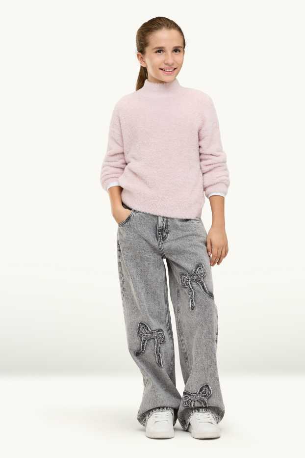 Bambine - Fiocco - jeans a gamba ampia - vita media - jeans grigio chiaro