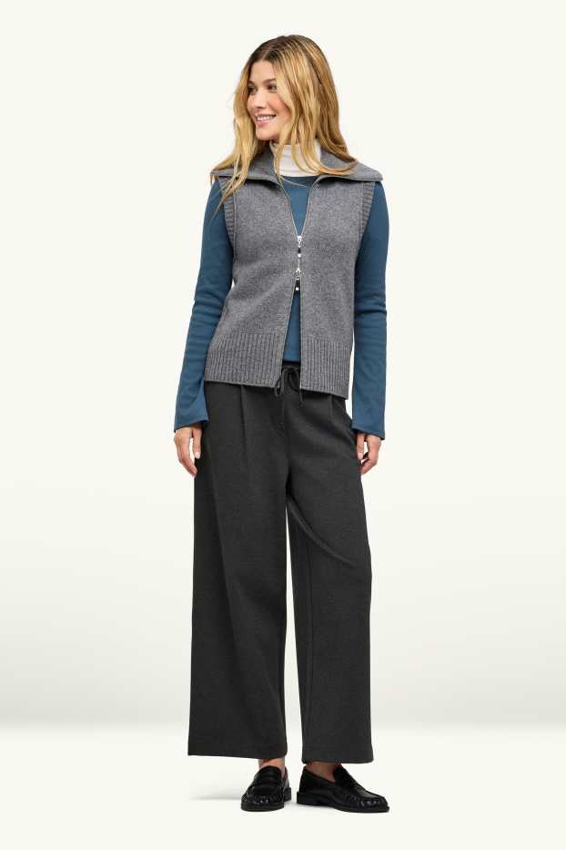 Women - Cropped jersey trousers - high-rise waist - wide leg - dark gray melange