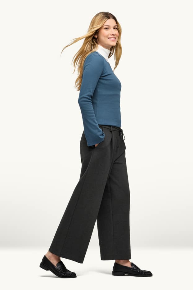 Women - Cropped jersey trousers - high-rise waist - wide leg - dark gray melange
