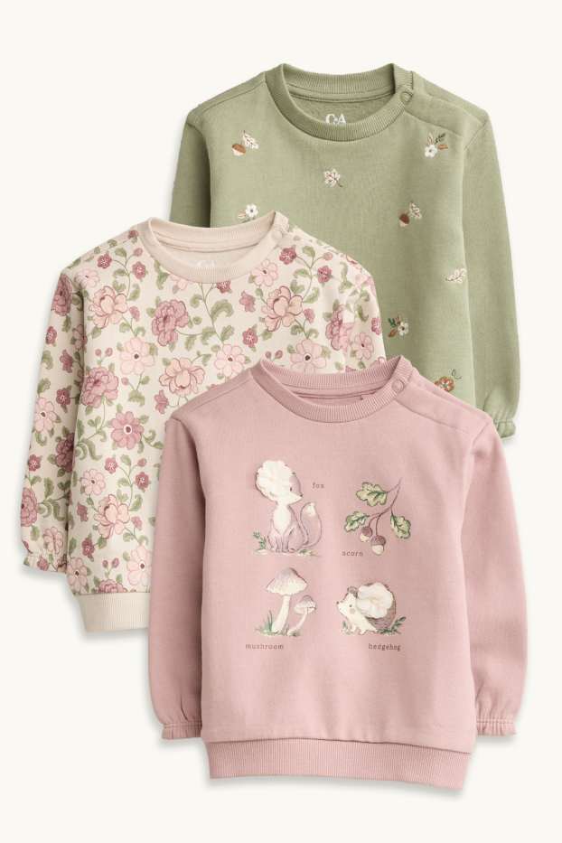 Bébés filles - Lot de 3 - petites fleurs, hérisson, renard et forêt - sweat - beige