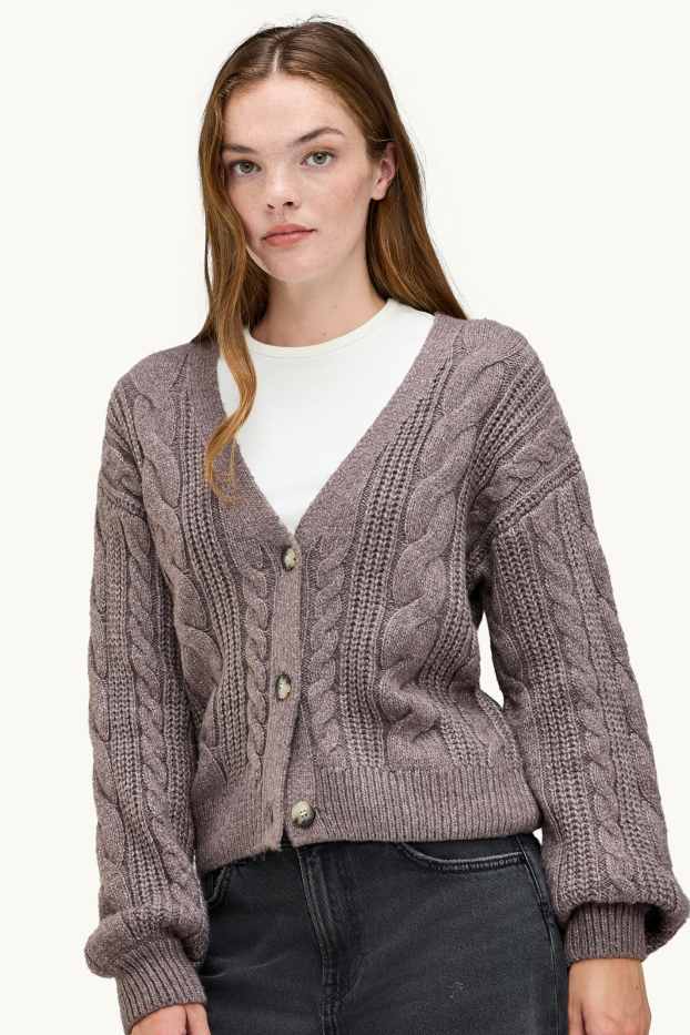 Donna - Cardigan - motivo treccia - tortora