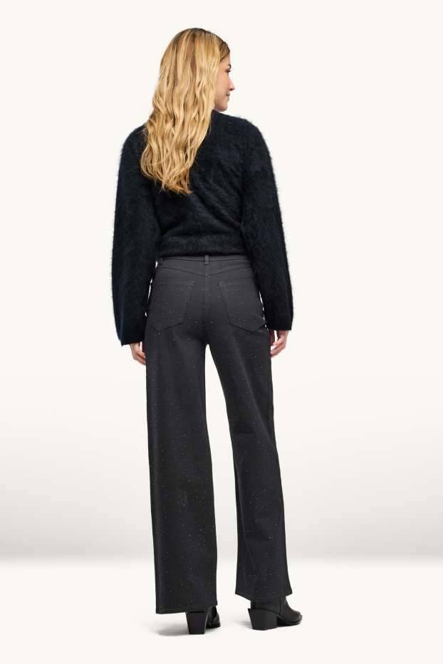 Femmes - Pantalon en toile avec pierres de strass - high waist - wide leg - noir