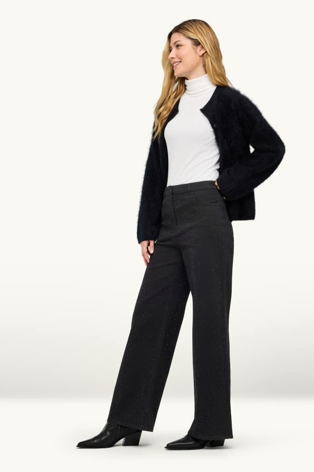 Femmes - Pantalon en toile avec pierres de strass - high waist - wide leg - noir