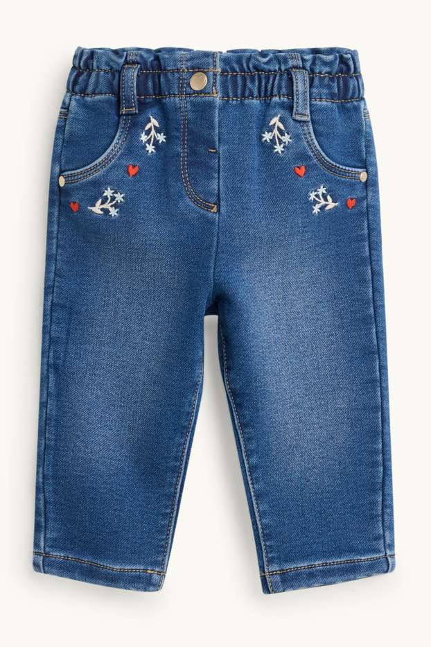 Baby Mädchen - Blümchen und Herzchen - Baby-Thermojeans - jeansblau
