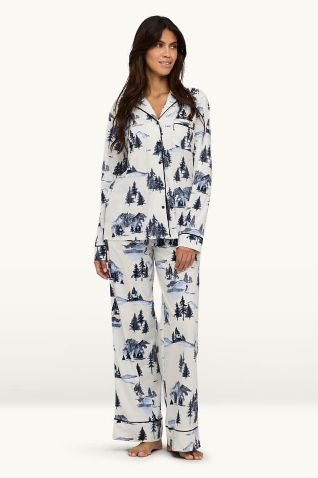 Damen - Fleece-Pyjama - gemustert - weiß / blau