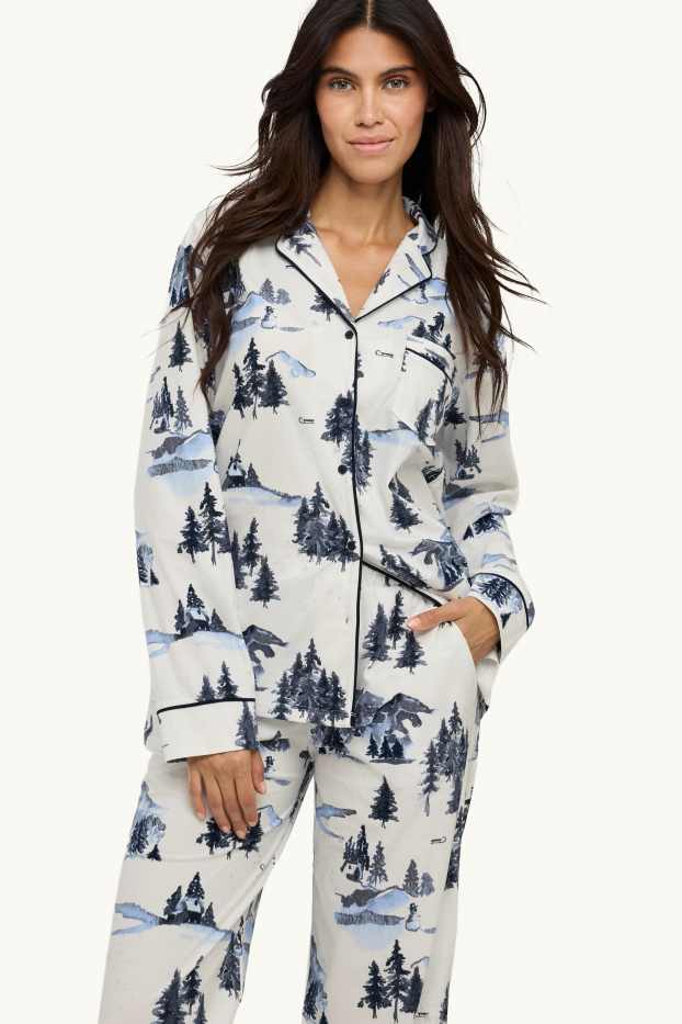 Damen - Fleece-Pyjama - gemustert - weiß / blau