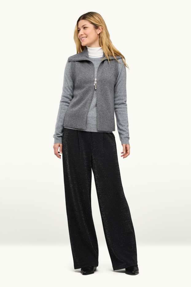 Women - Cloth trousers with belt - high waist - wide leg - shiny - black