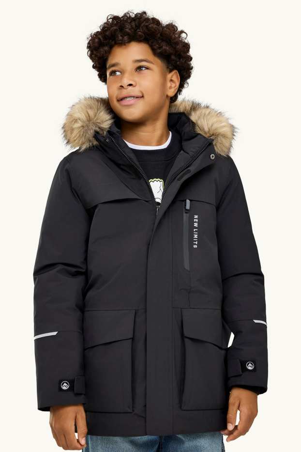 Bambini - Parka con riporto di ecopelliccia - foderato - impermeabile - nero / beige