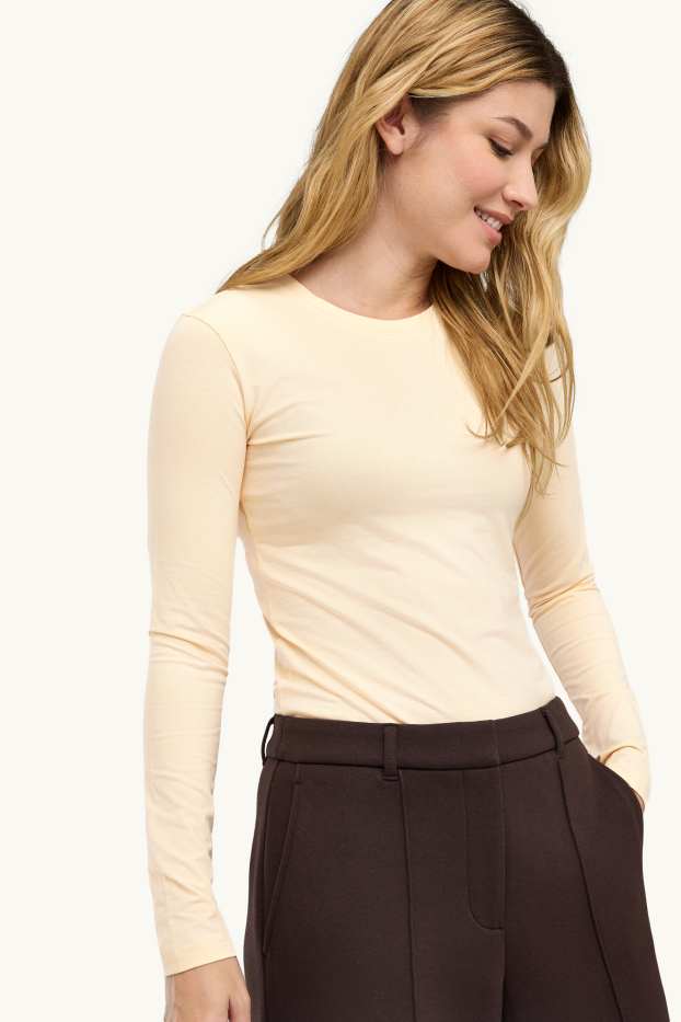 Dámské - Tričko s dlouhým rukávem - slim fit - krémově bílá