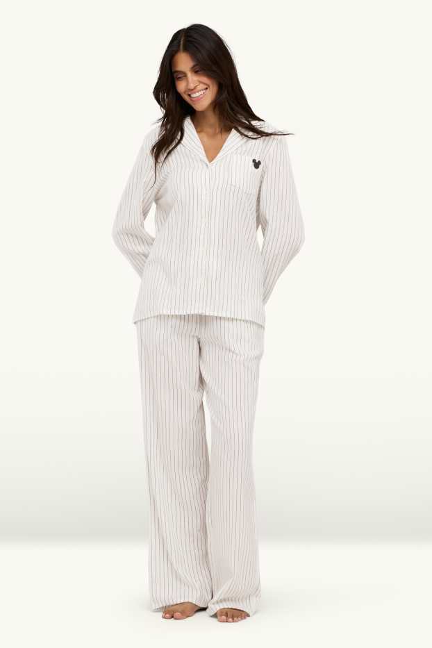 Women - Flannel pyjamas - striped - Mickey Mouse - white / black