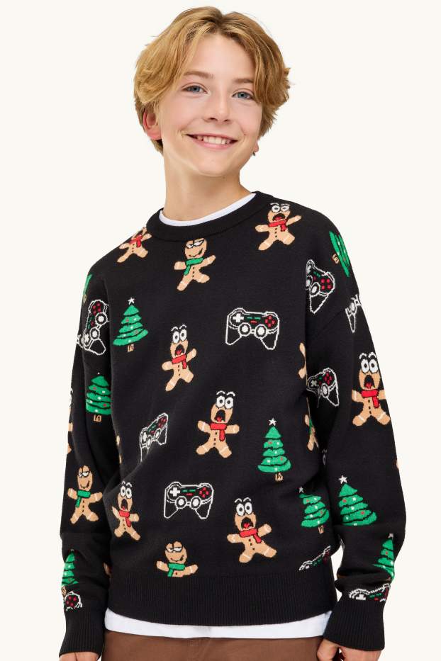Bambini - Omino di pan di zenzero e abete - maglione natalizio - nero