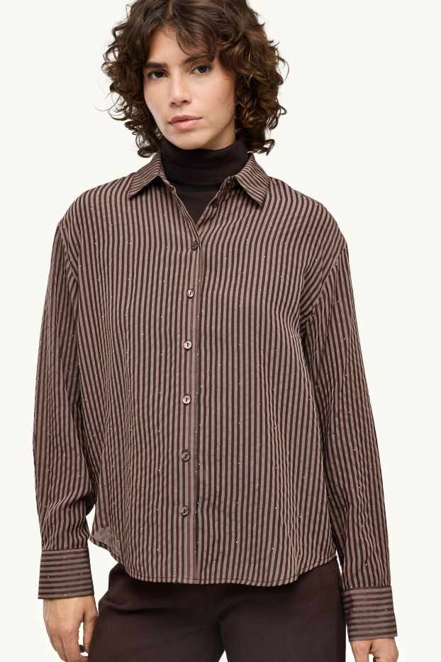 Dames - Overhemdblouse met strass-steentjes - gestreept - bruin / bruin