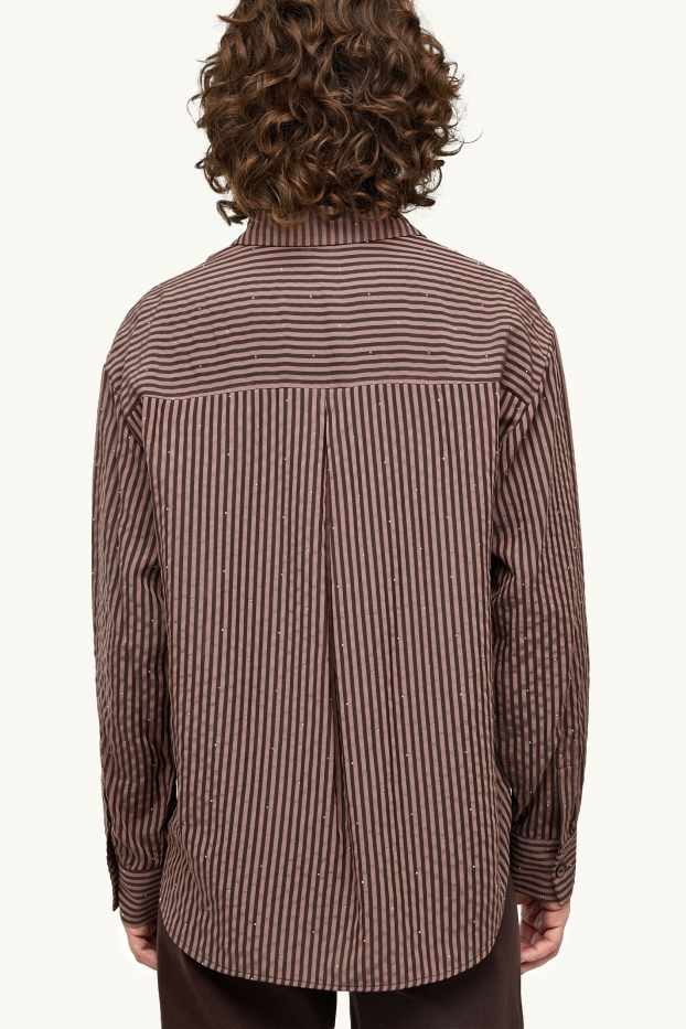 Dames - Overhemdblouse met strass-steentjes - gestreept - bruin / bruin