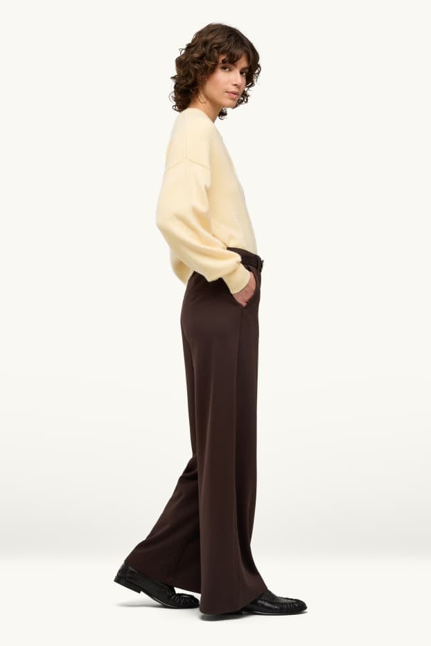 Femei - Pantaloni de stofă - talie înaltă - wide leg - structurați - maro