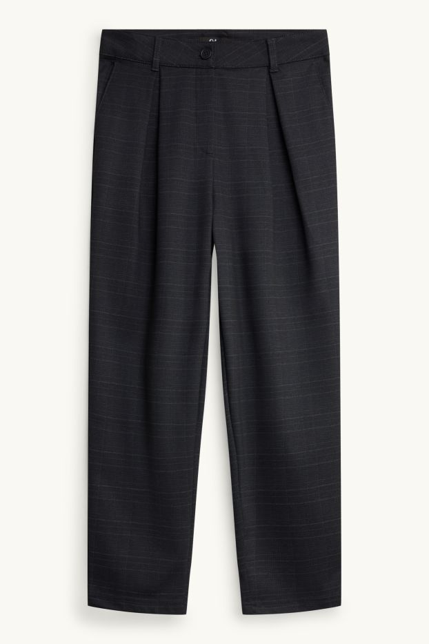 Dámské - Plátěné kalhoty - high waist - tapered fit - kostkované - tmavošedá