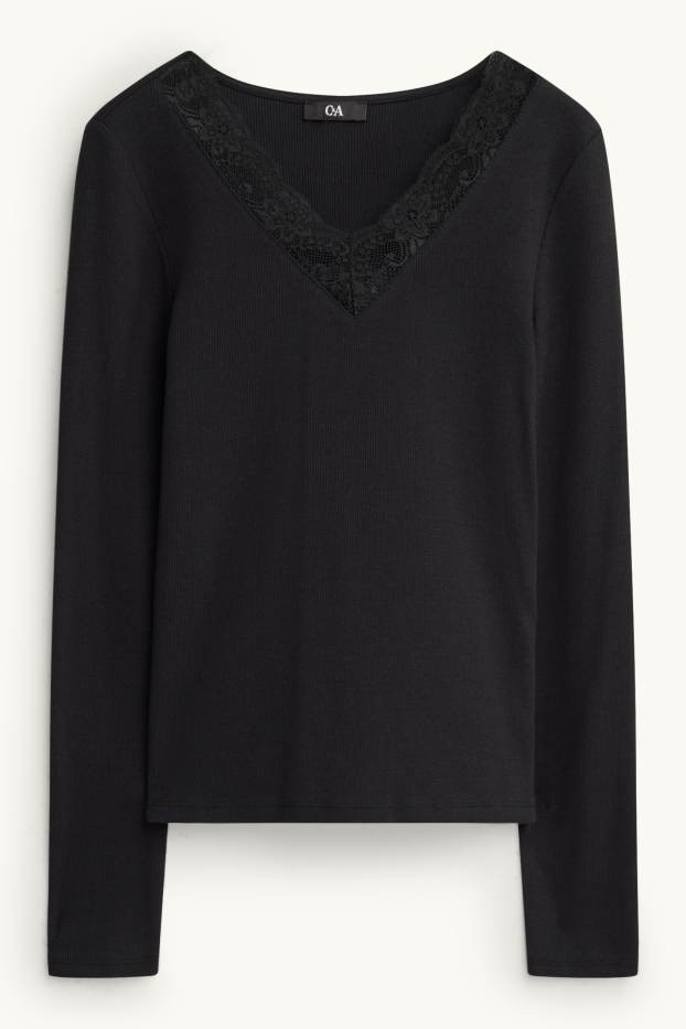 Damen - Langarmshirt mit V-Ausschnitt - Regular Fit - gerippt - schwarz