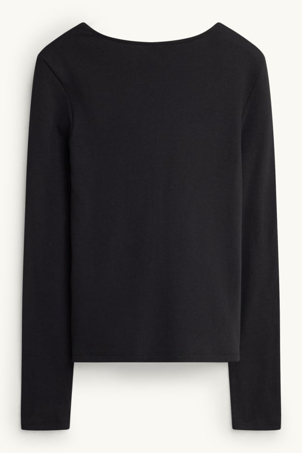 Damen - Langarmshirt mit V-Ausschnitt - Regular Fit - gerippt - schwarz