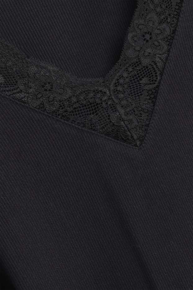 Damen - Langarmshirt mit V-Ausschnitt - Regular Fit - gerippt - schwarz