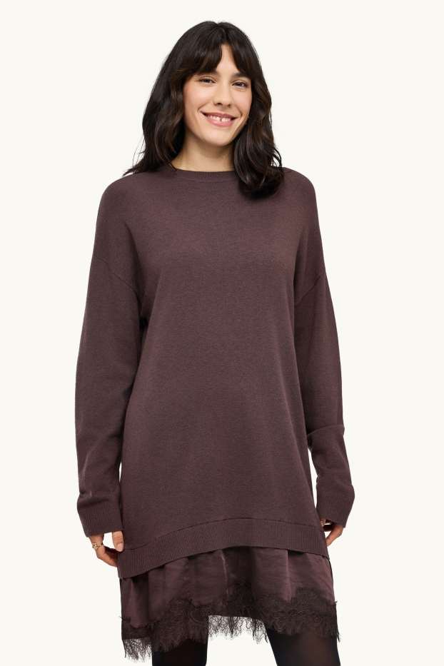 Dona - Vestit de punt - estil 2 en 1 - marró fosc