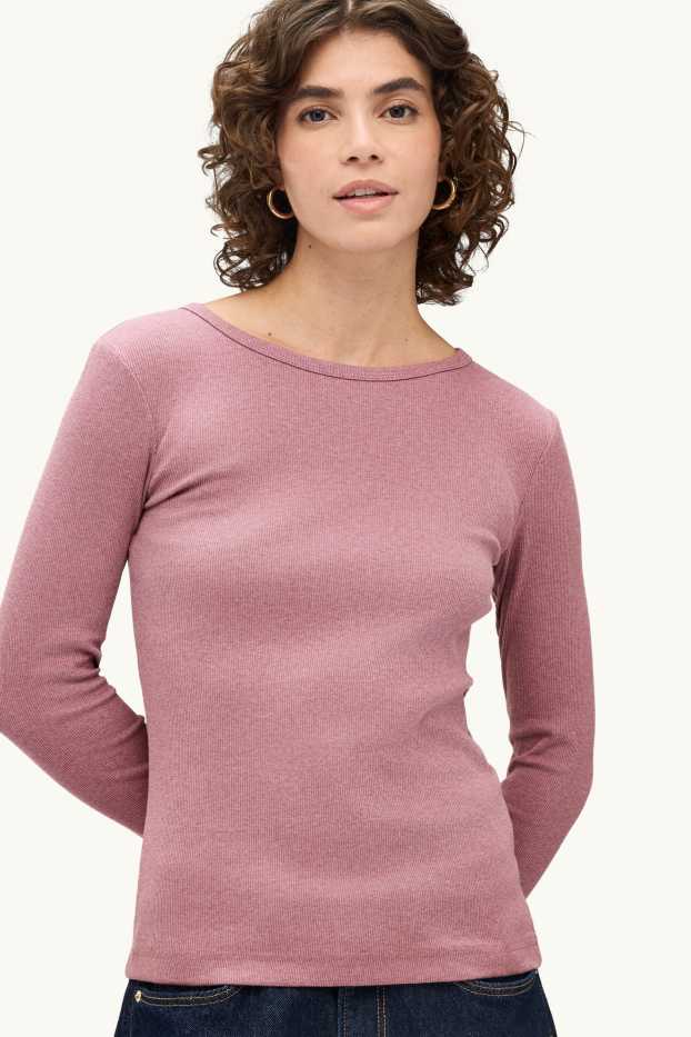 Dámské - Tričko s dlouhým rukávem - slim fit - žebrované - narůžovělá