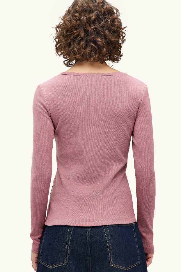Dámské - Tričko s dlouhým rukávem - slim fit - žebrované - narůžovělá
