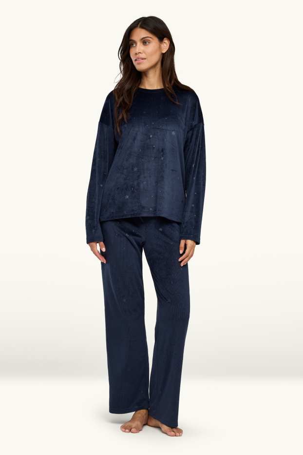 Femmes - Pyjama - finition côtelée - bleu foncé