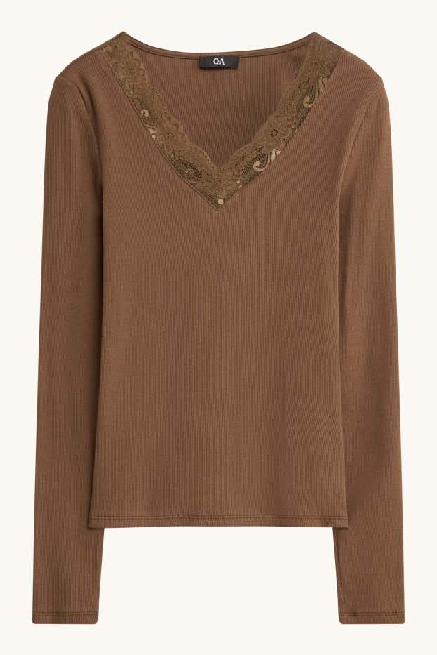 Women - Long sleeve V-neck top - regular fit - ribbed - brown