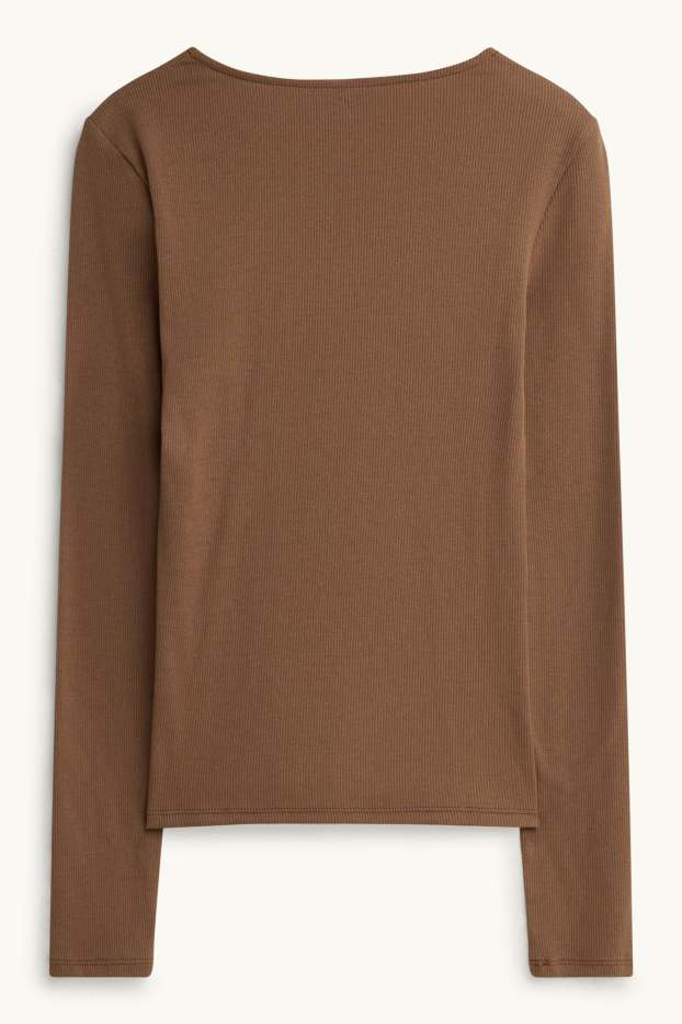 Women - Long sleeve V-neck top - regular fit - ribbed - brown