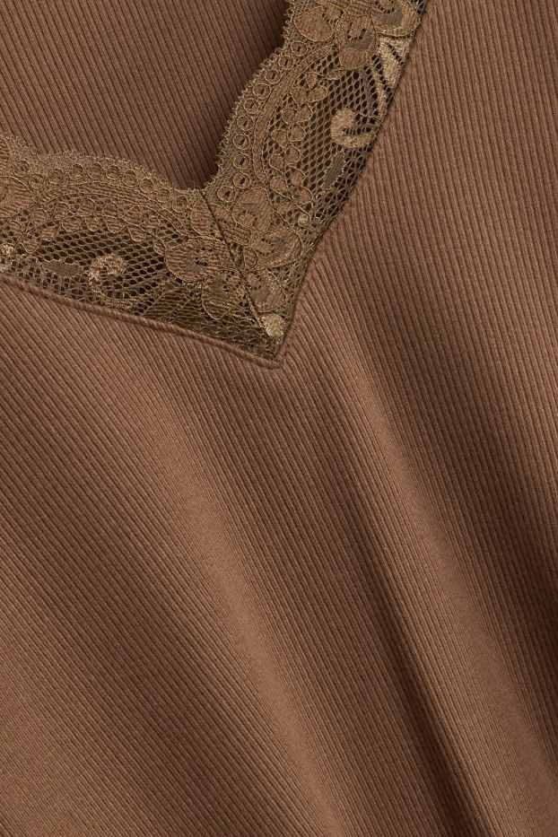 Women - Long sleeve V-neck top - regular fit - ribbed - brown