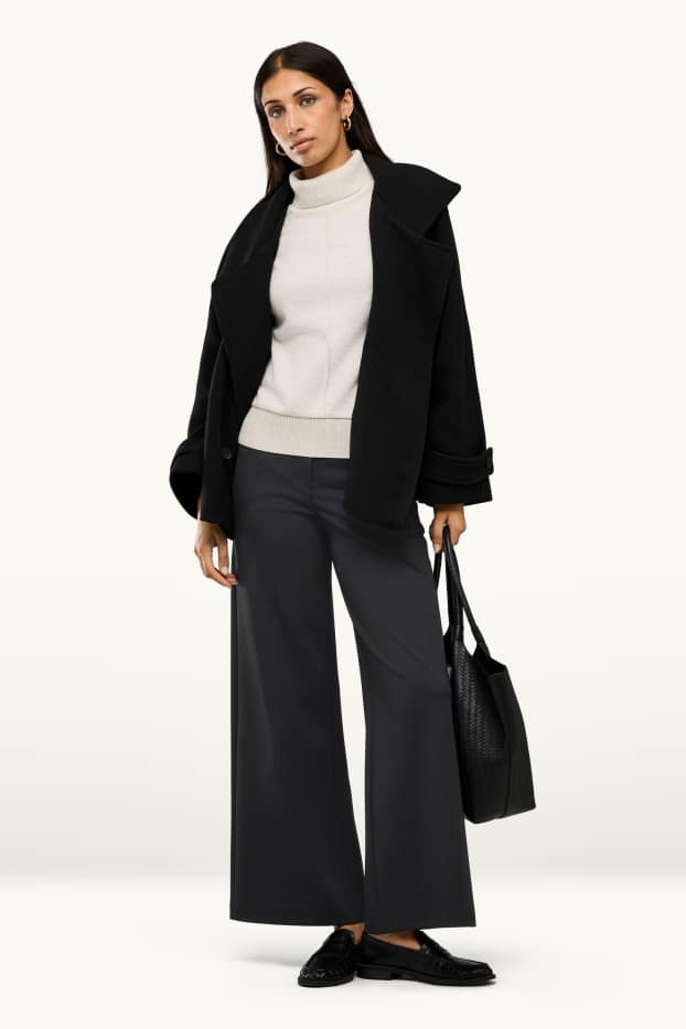 Damen - Stoffhose - High Waist - Wide Leg - strukturiert - schwarz