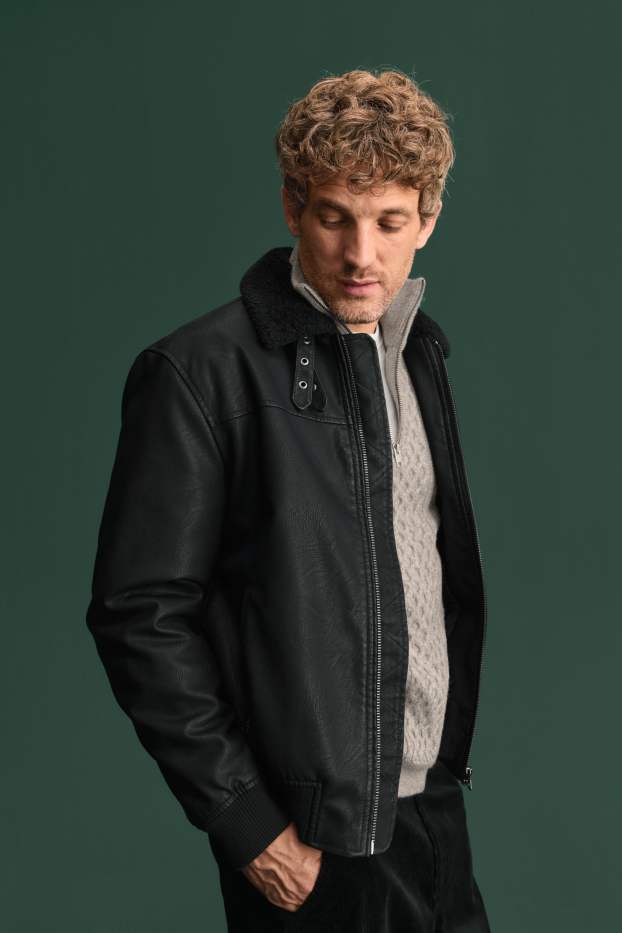 Hommes - Veste avec garniture en imitation fourrure - doublé - matière synthétique - noir