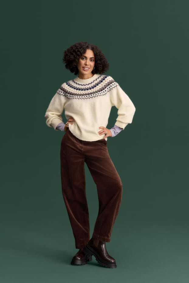 Femmes - Pantalon en toile - mid waist - wide leg - marron foncé