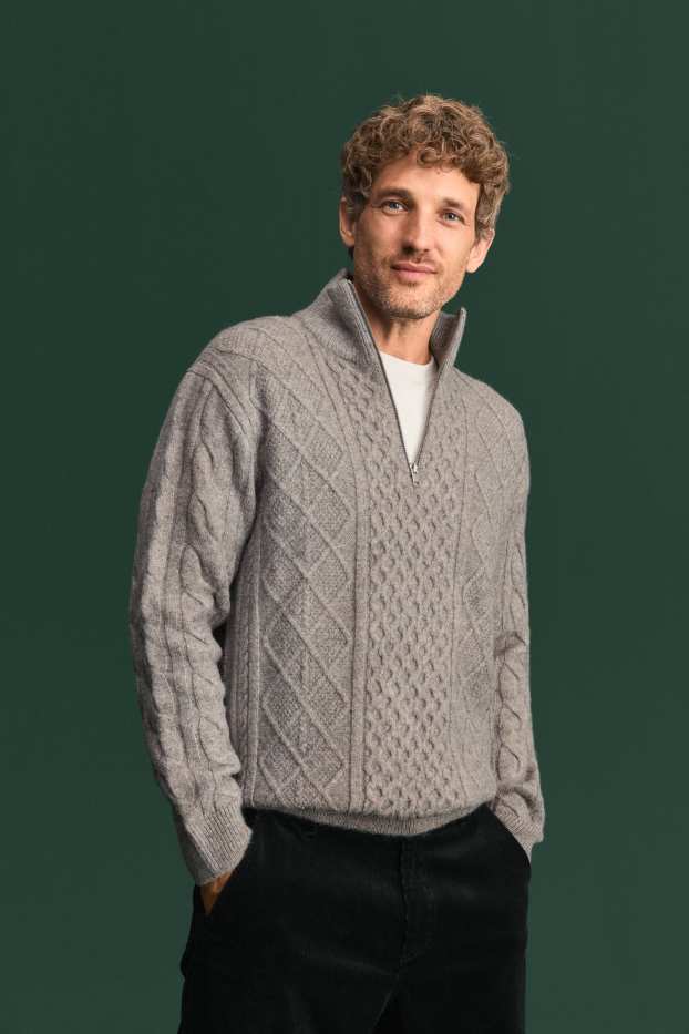 Hommes - Pull - motif tressé - gris clair