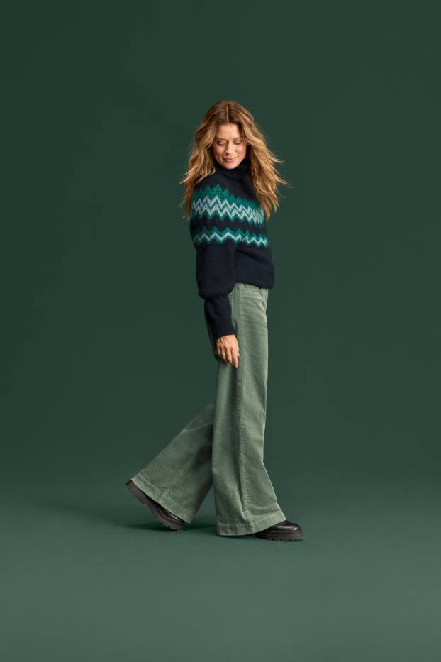 Femei - Pantaloni din catifea reiată - talie înaltă - wide leg - denim-verde