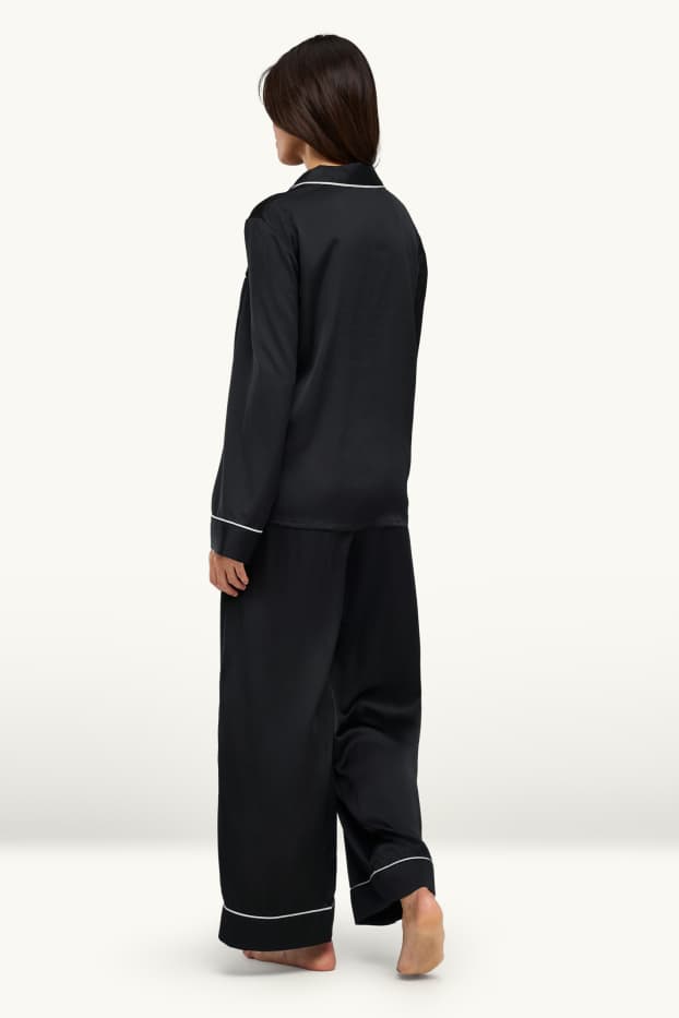 Damen - Satin-Pyjama - schwarz / weiß