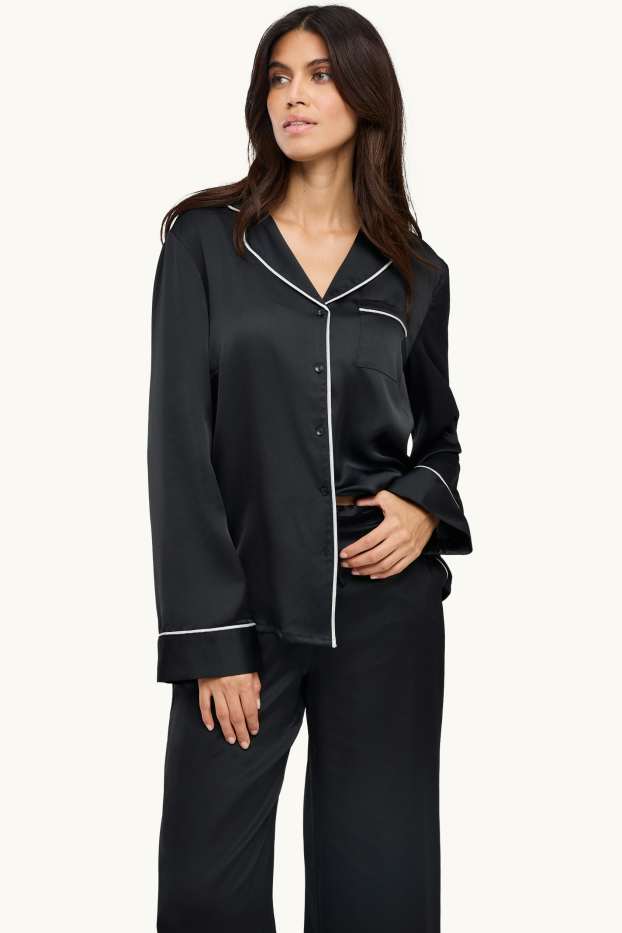Damen - Satin-Pyjama - schwarz / weiß