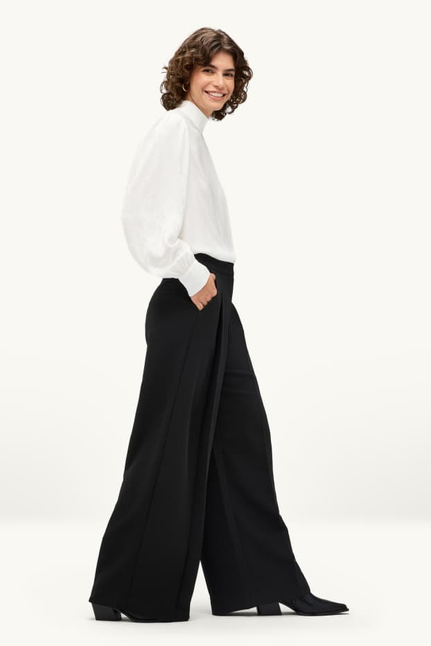 Femei - Pantaloni de stofă - talie înaltă - wide leg - negru