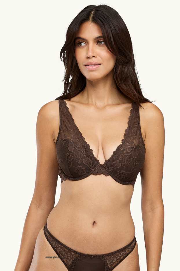Donna - Reggiseno con ferretti - PLUNGE - imbottito - marrone scuro