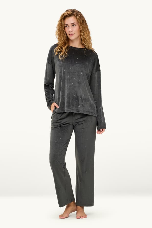 Damen - Winterpyjama - gerippt - gemustert - dunkelgrau
