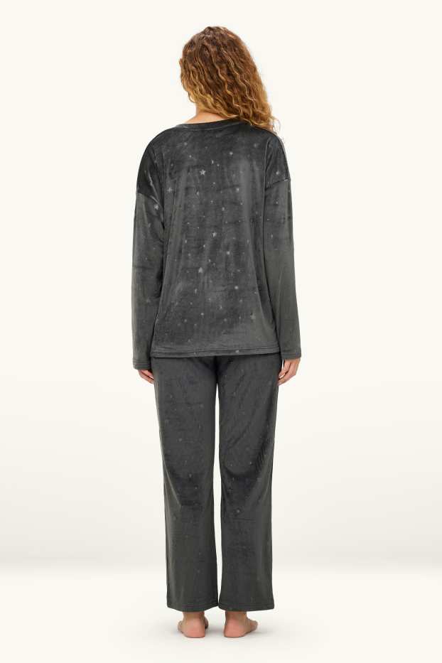 Damen - Winterpyjama - gerippt - gemustert - dunkelgrau