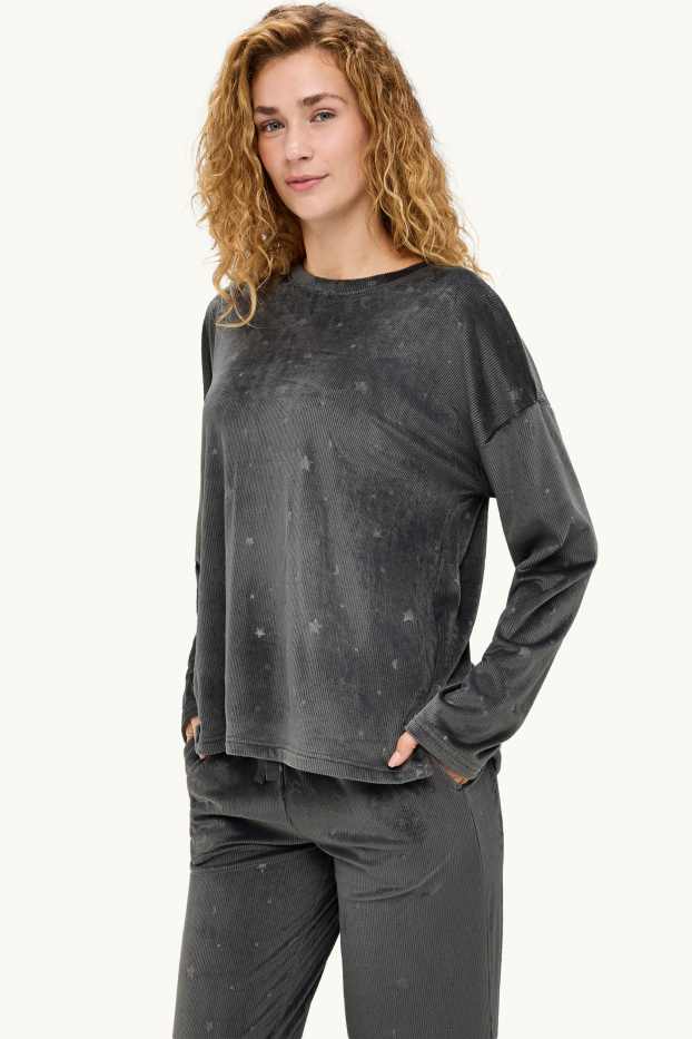 Damen - Winterpyjama - gerippt - gemustert - dunkelgrau