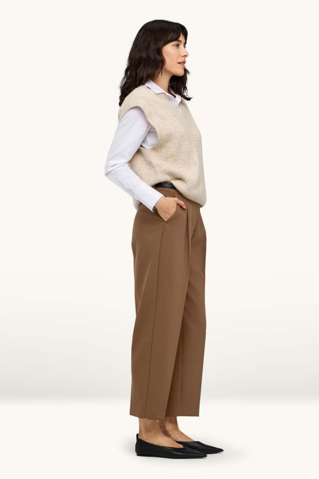 Dames - Pantalon met riem - high waist - tapered fit - bruin