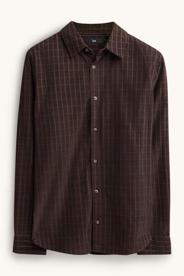 Heren - Corduroy overhemd - regular fit - kent - geruit - donkerbruin