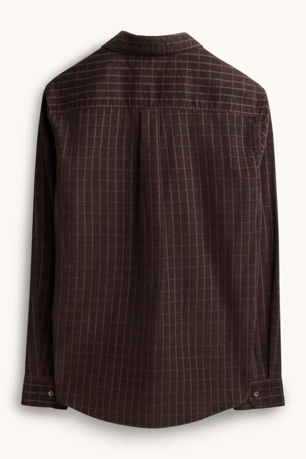 Heren - Corduroy overhemd - regular fit - kent - geruit - donkerbruin