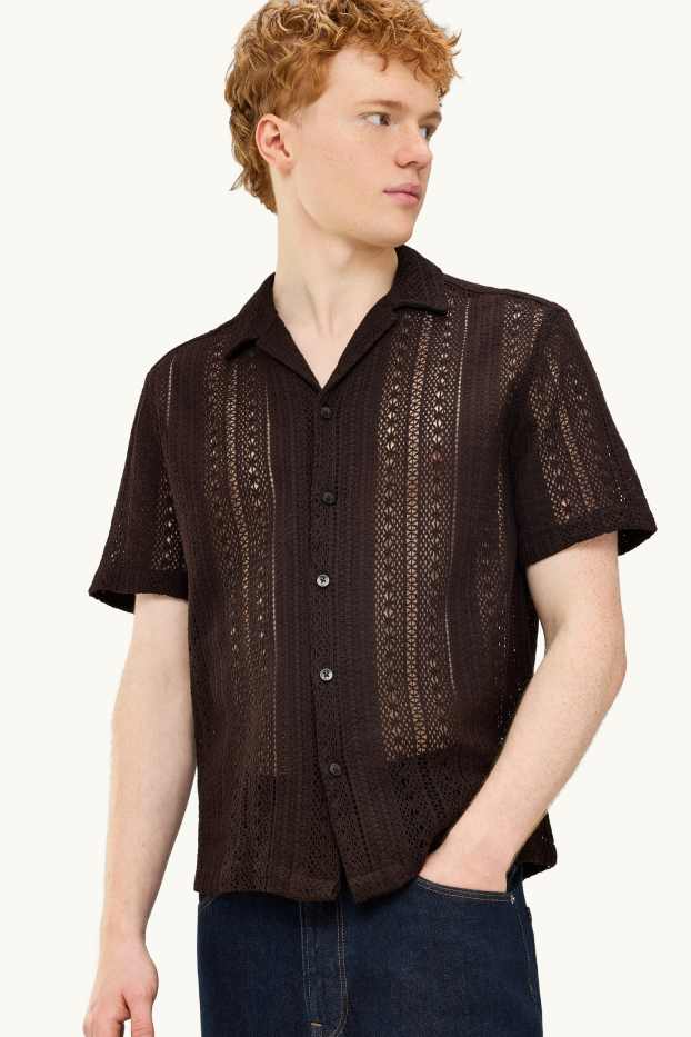 Hommes - Chemise en maille - relaxed fit - col à revers - à rayures - marron foncé